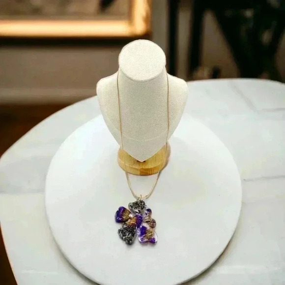 Bespoke Butterfly Forget-Me-Not Resin Statement Necklace Gold Plated Chain 20" - Picture 2 of 7